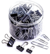 Officemate 340 Assorted Paper Clips and Binder Clips, Re-usable Storage Tub, Silver/Black (31040)